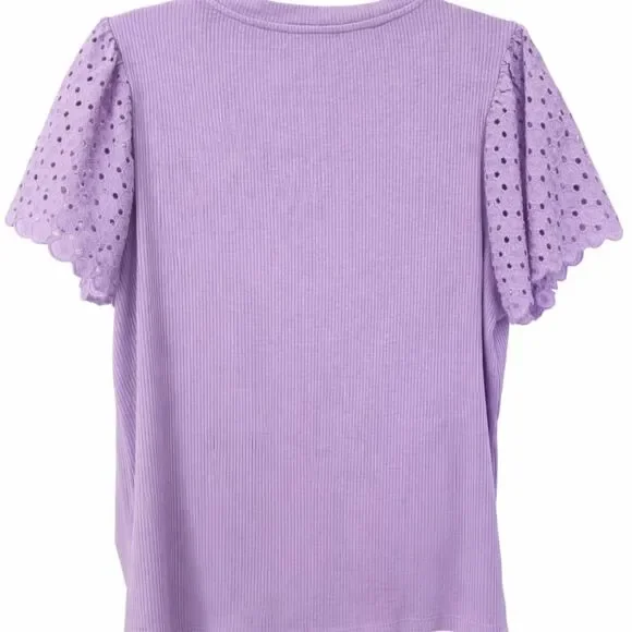 Design History Purple Eyelet Flutter Sleeve Romantic Top XL NWT Ribbed Knit - Picture 3 of 5